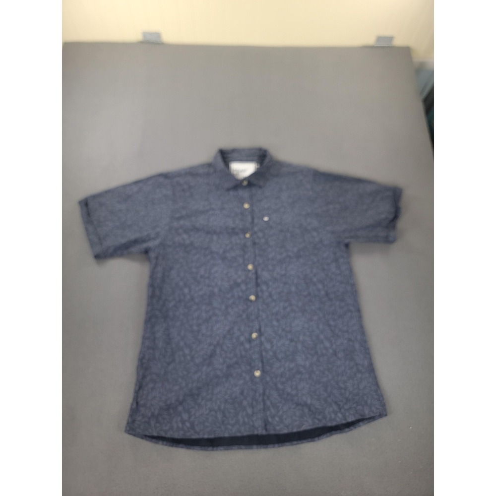 Peau De Loup Shirt Mens Large 16 Blue Short Sleeve Button Up Leaf Print Cotton